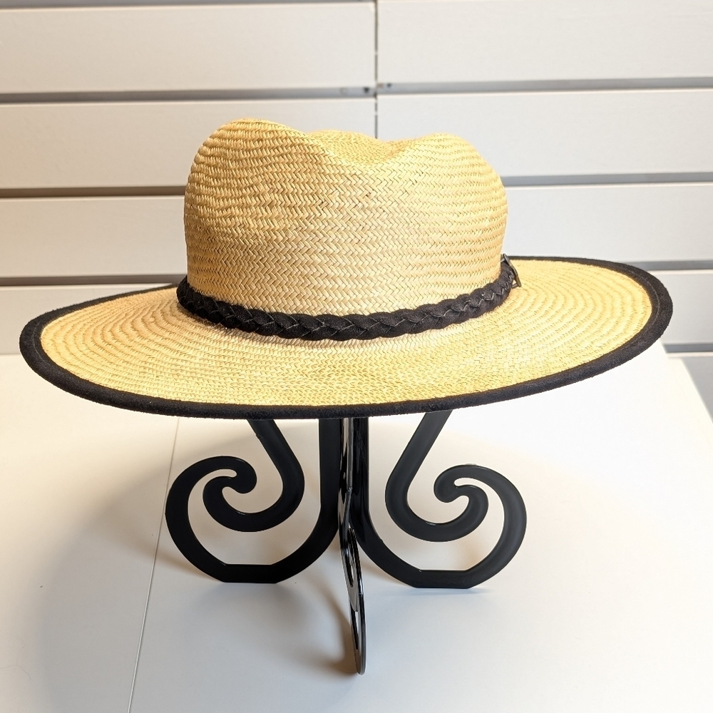 Bill Connor Straw Hat with Black Suede Trim/Braid and Suede Sweatband EUC